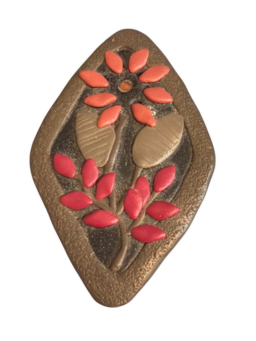 Vintage Artisan Polymer Clay Pin Brooch Diamond Shape Flowers Textured 3" Estate